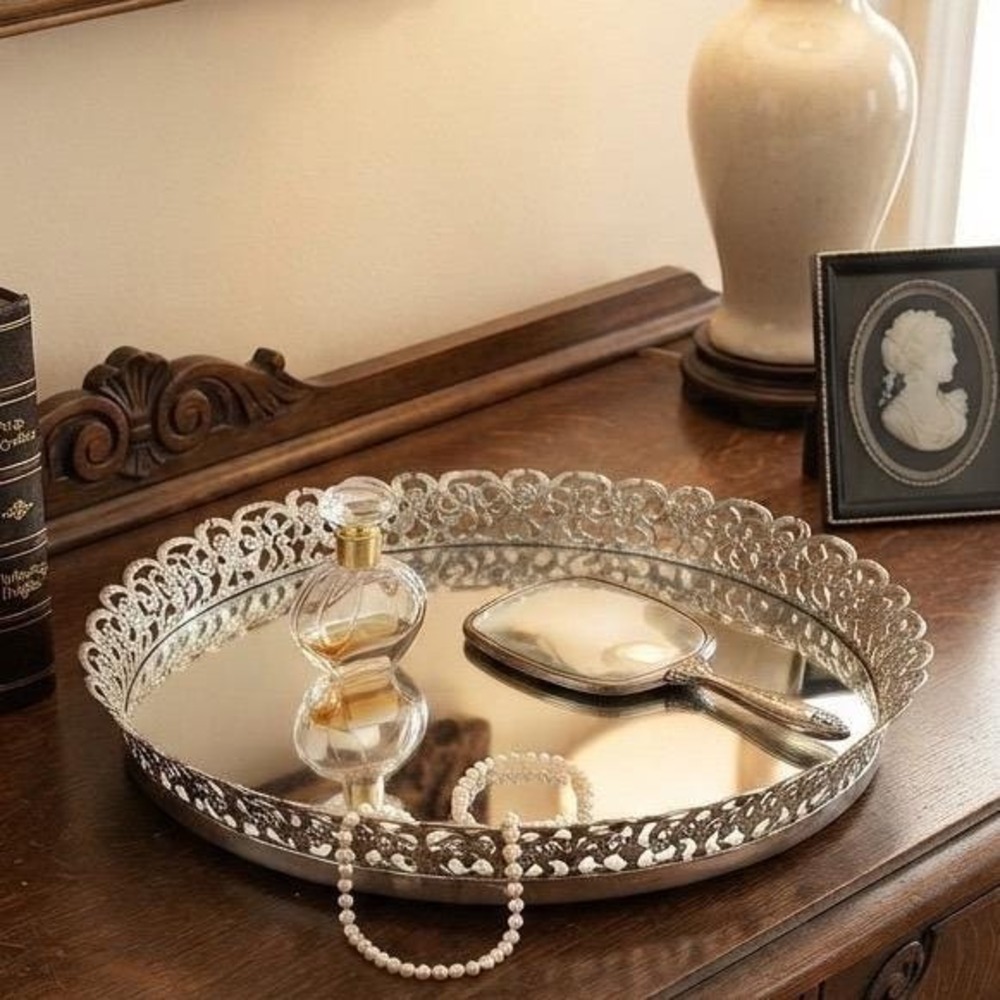 Vintage Mirror‎ Vanity Tray Ornate Filigree Metal Silver Round 10 inch Decor